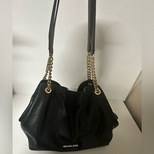 Michael Kors Black Slouchy Pebbled Leather Shoulder Bag with Gold Chain